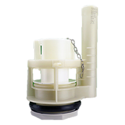 White plastic drain valve assembly with cylindrical components, black rubber base, and attached chain.