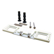 White rectangular baseplate assembly with two black mounting posts and metal fasteners.