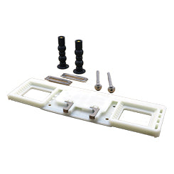 White rectangular baseplate assembly with two black mounting posts and metal fasteners.