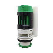 Green and white dual flush valve with cylindrical tower design and internal components visible through transparent sections.