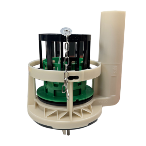 Toto drain valve assembly with green and black internal components, cream-colored plastic housing, and chrome chain attachmen