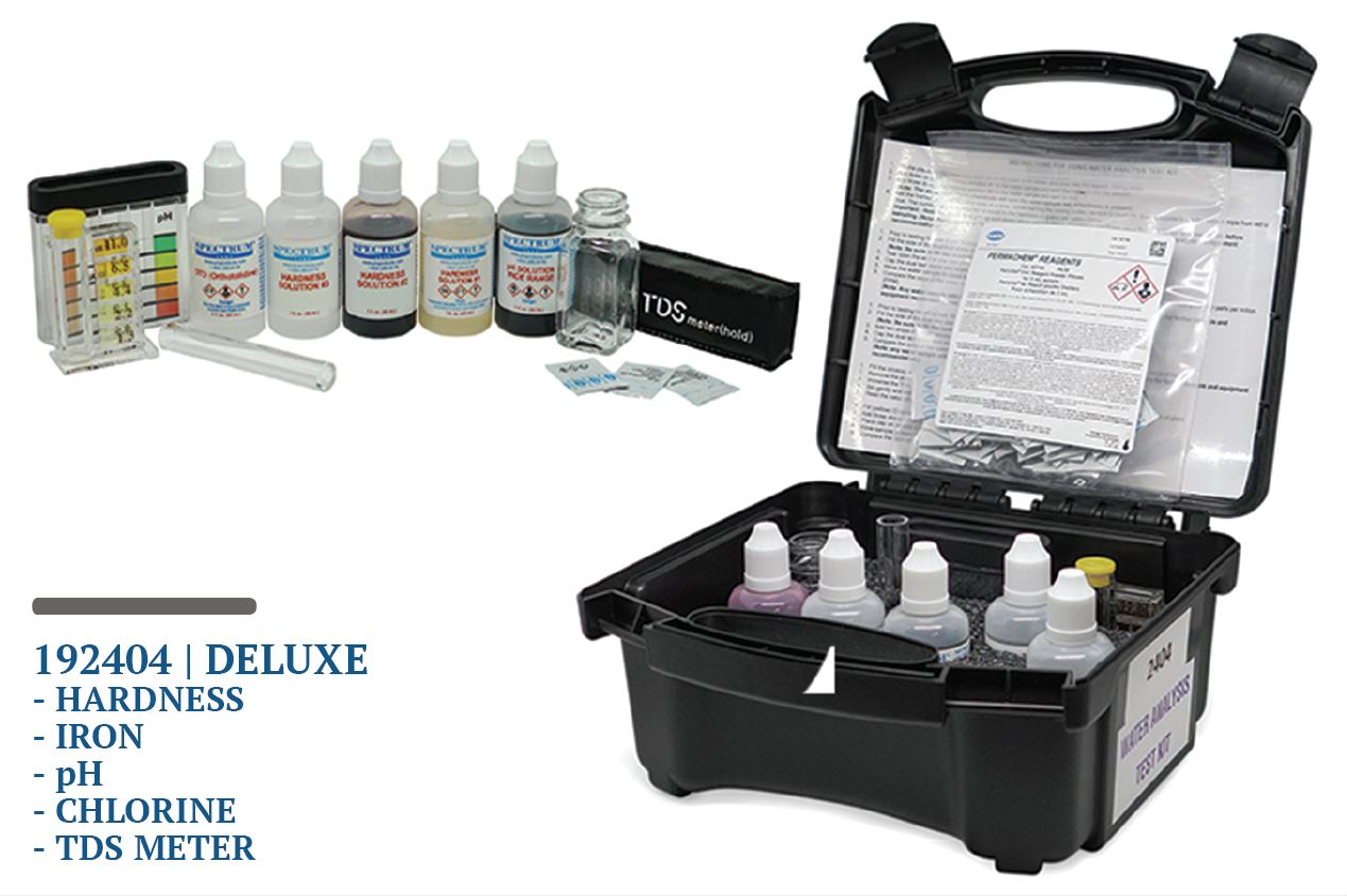 Water testing kit in black carrying case with liquid reagent bottles, color chart, TDS meter, and instruction manual.