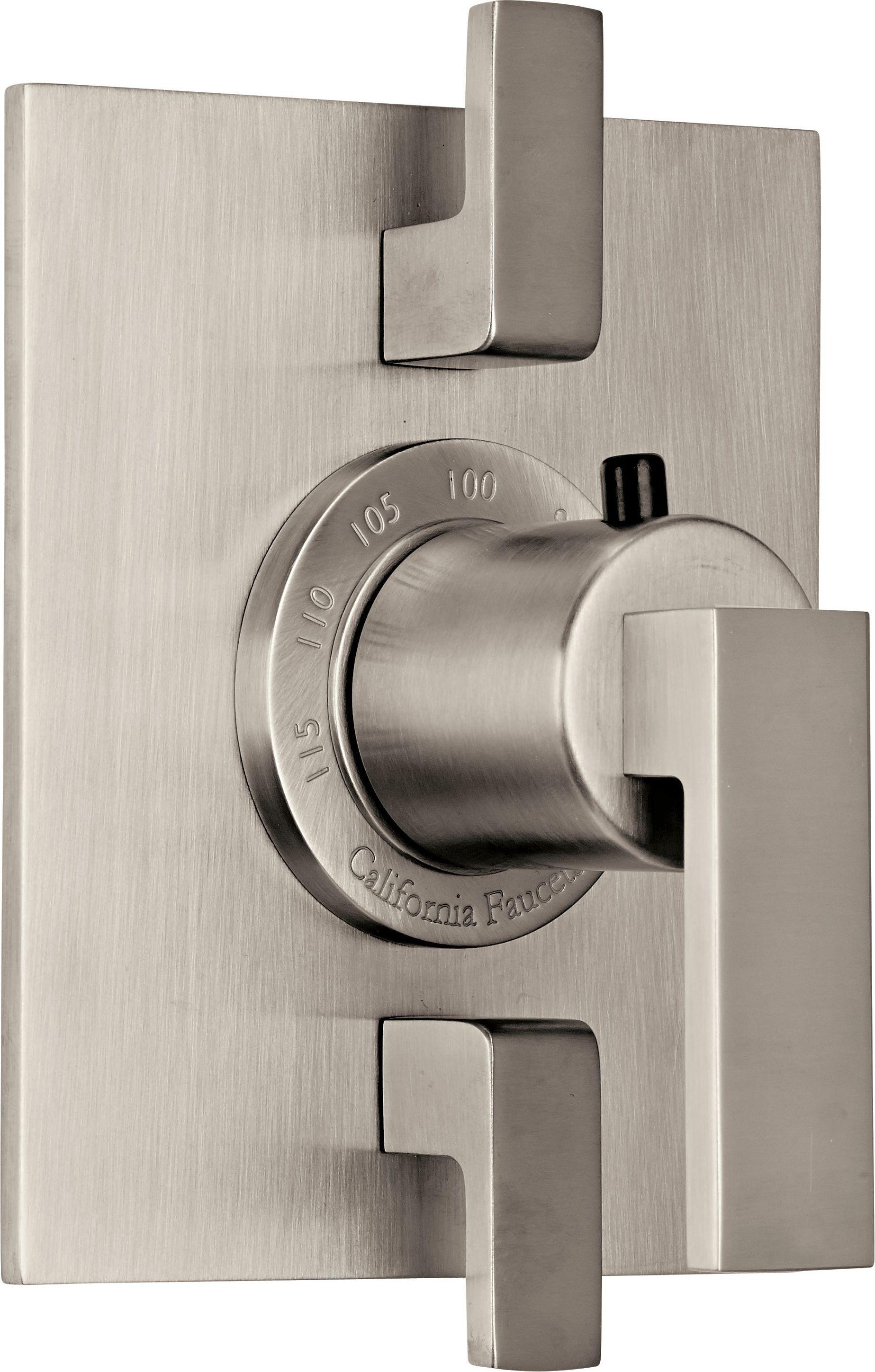 Polished chrome thermostatic valve trim with dual rectangular handles and temperature dial marked 0-110 degrees on brushed me