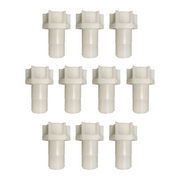 Ten cream-colored plastic fill valve extensions with threaded bottoms and T-shaped tops arranged in three rows.