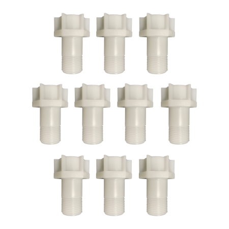 Ten cream-colored plastic fill valve extensions with threaded bottoms and T-shaped tops arranged in three rows.