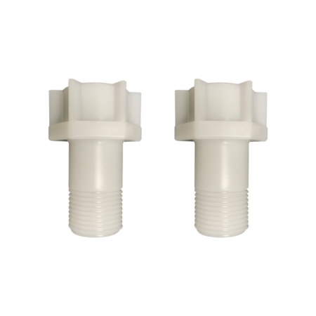 Two white plastic fill valve extensions with threaded bases and wing-style connector tops.