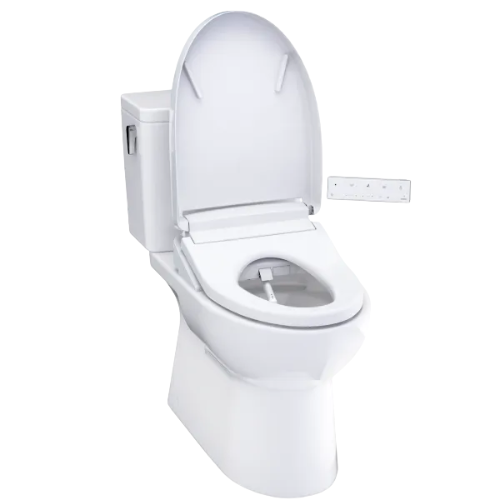 White two-piece elongated toilet with attached bidet seat and closed lid.