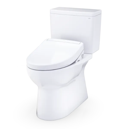 White two-piece elongated toilet with bidet seat, tank, and control panel visible.