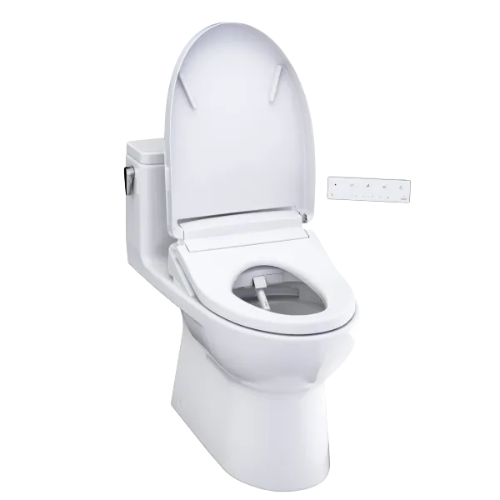 White elongated one-piece toilet with attached bidet seat, control panel, and closed lid.