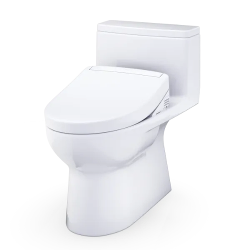 White elongated one-piece toilet with attached bidet seat and control panel on the side.