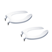 Two white elongated open front toilet seats with mounting hardware, without lids.