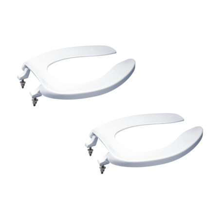 Two white elongated open front toilet seats with mounting hardware, without lids.