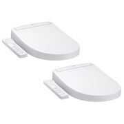 Two white round Toto S2 Washlet bidet seats with control panels and remotes.