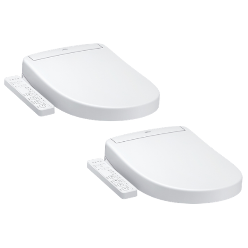 Two white round Toto S2 Washlet bidet seats with control panels and remotes.