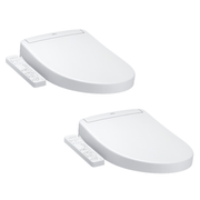 Two white elongated toilet seats with remote controls attached to the sides.