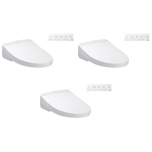 Three cotton white round Toto S5 Washlet bidet seats with remote controls.