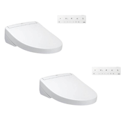 Two white elongated Toto S5 Washlet toilet seats with white remote controls.