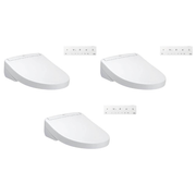 Three white elongated Toto S5 Washlet bidet seats with matching remote controls displayed on white background.