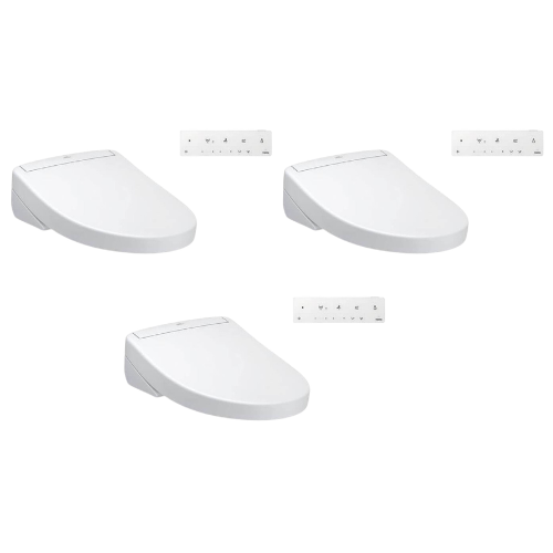 Three white elongated Toto S5 Washlet bidet seats with matching remote controls displayed on white background.