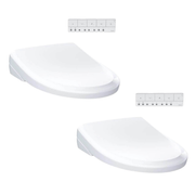Two white elongated bidet seats with attached remote controls displayed from the side.