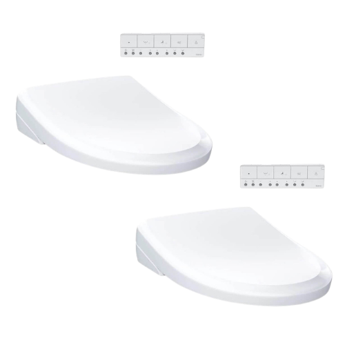 Two white elongated bidet seats with attached remote controls displayed from the side.