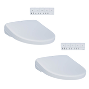 Two white elongated bidet toilet seats with attached control remotes.