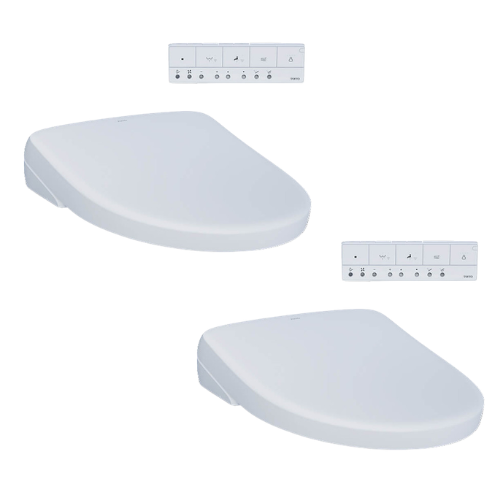 Two white elongated bidet toilet seats with attached control remotes.