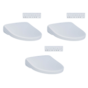 Three white Toto S7A bidet seats with rounded shape and remote controls displayed.