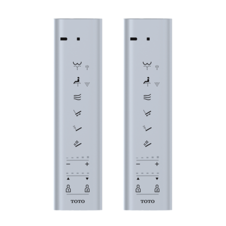 Two silver Toto WASHLET S500 remote controls with multiple function buttons and indicator lights.