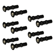 Ten black plastic toilet seat mounting bolts with metal washers and screw heads arranged in rows.