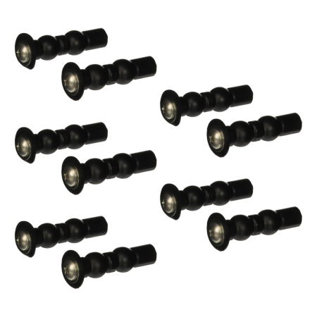 Ten black plastic toilet seat mounting bolts with metal washers and screw heads arranged in rows.