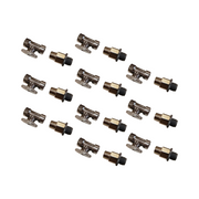 Ten brass and chrome shutoff valves with handles arranged in rows against a white background.