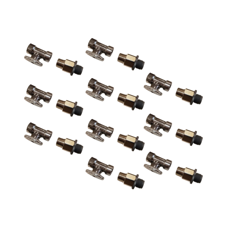Ten brass and chrome shutoff valves with handles arranged in rows against a white background.