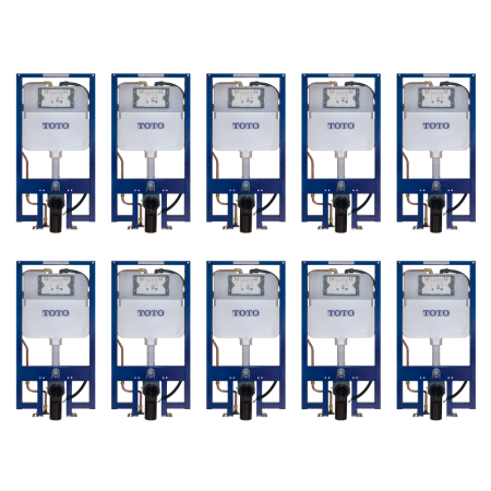 Ten Toto in-wall dual flush tank systems with copper supply lines arranged in two rows of five units.