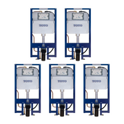 Five Toto in-wall dual flush tank systems with gray cisterns mounted on blue frames and copper supply lines.