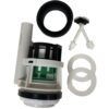 White and black plastic toilet seat lid assembly with control panel, power cord, and connector hoses.