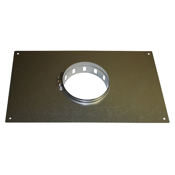 Metal rectangular support bracket with circular opening and mounting holes for venting system.