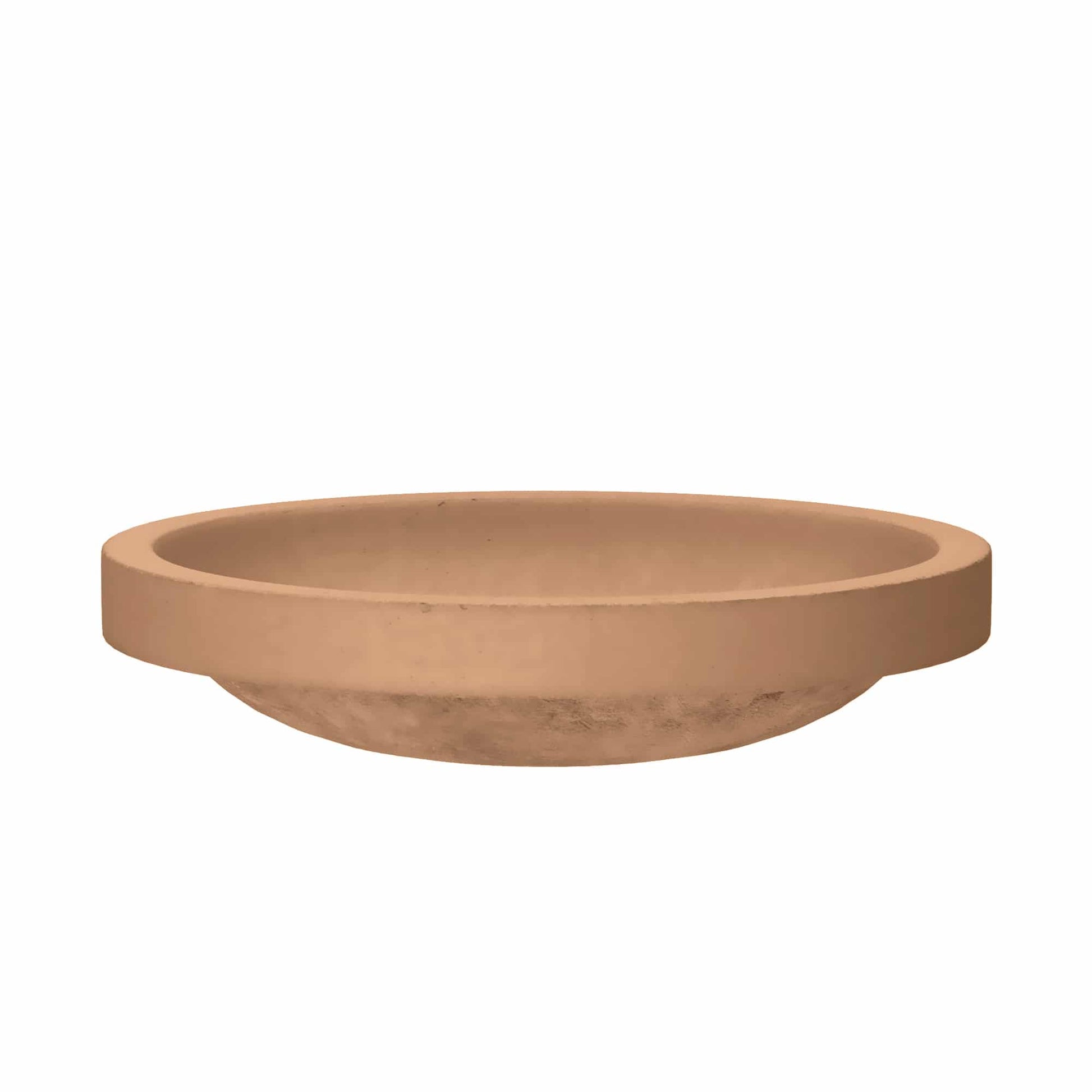 Terracotta-colored round vessel sink with wide rim and curved basin, shown from above at an angle.