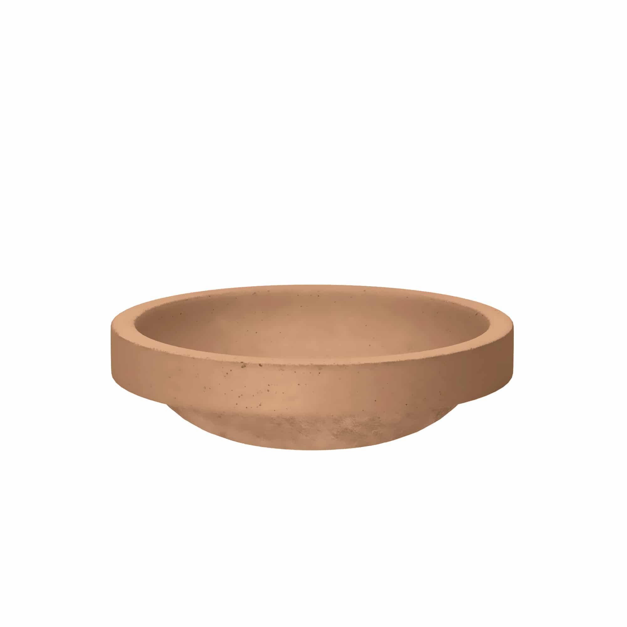 Terracotta vessel with wide shallow bowl shape and textured surface.