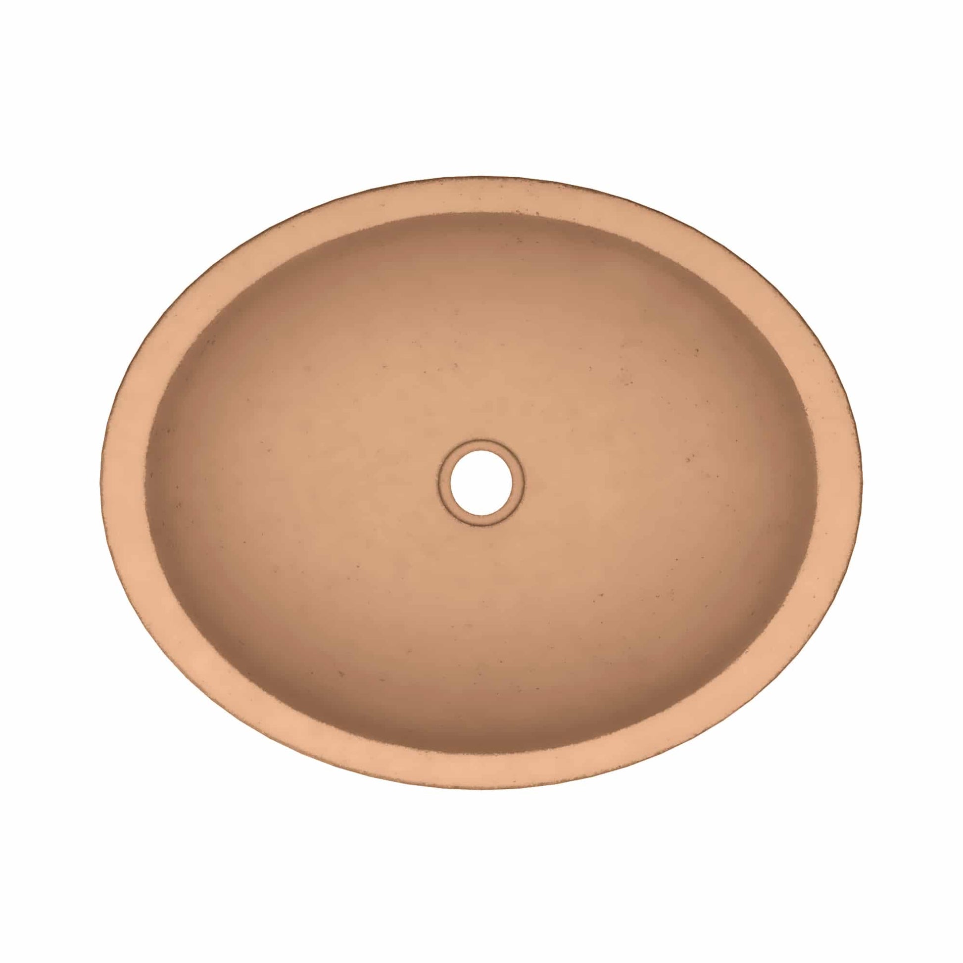 Terracotta-colored oval bathroom sink with single faucet hole, viewed from above.