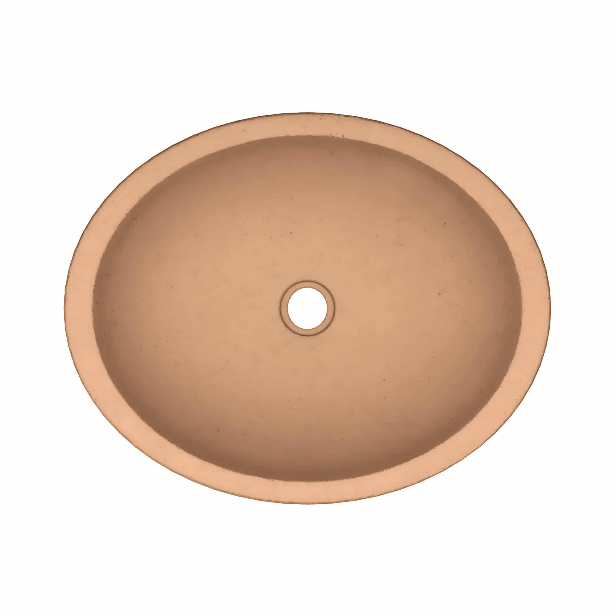 Terracotta-colored oval bathroom sink with single faucet hole, viewed from above.