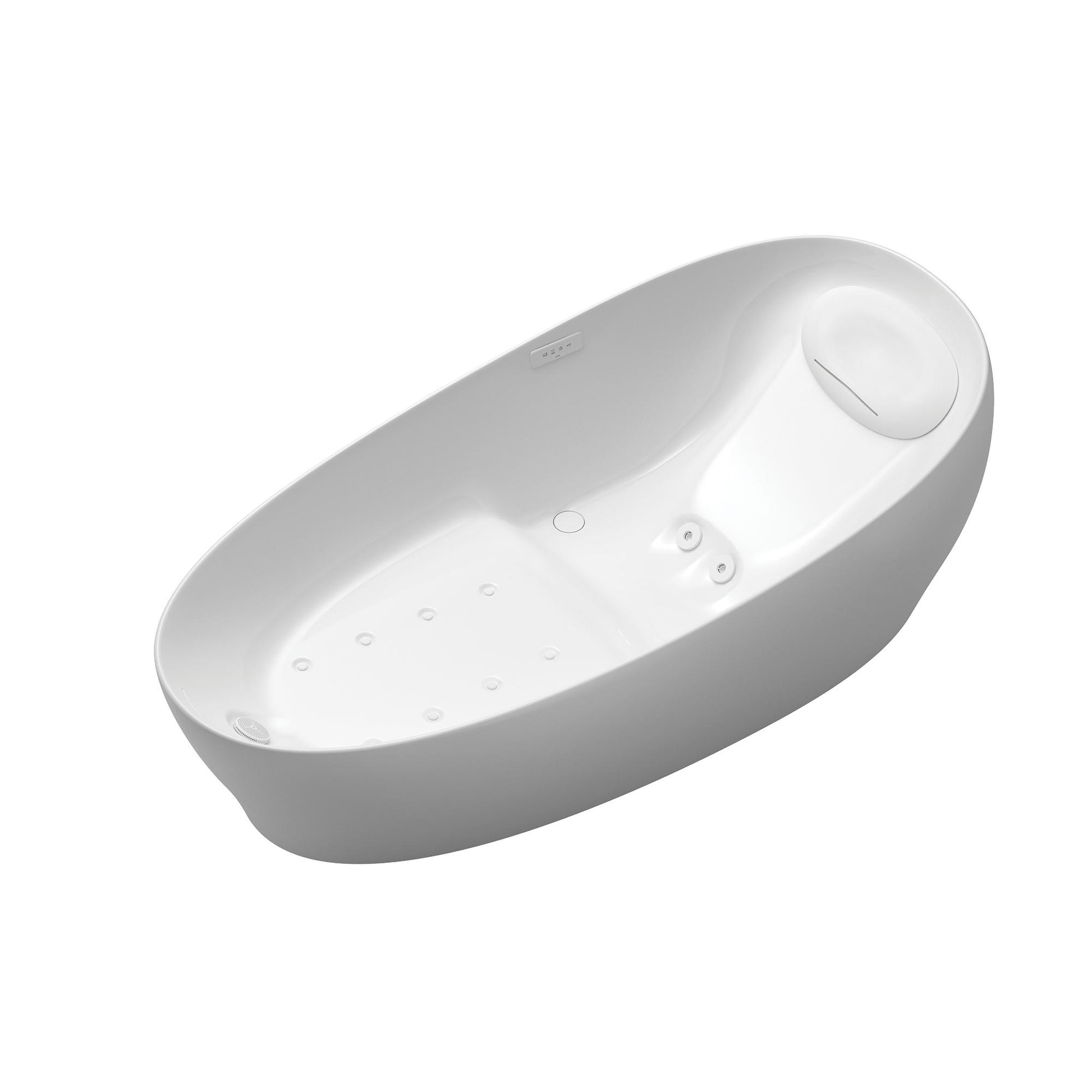 Oval white bathtub with curved rim, interior jets, and sloped headrest viewed from above at angle.