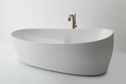 Gloss white freestanding oval bathtub with curved edges and brushed nickel faucet.