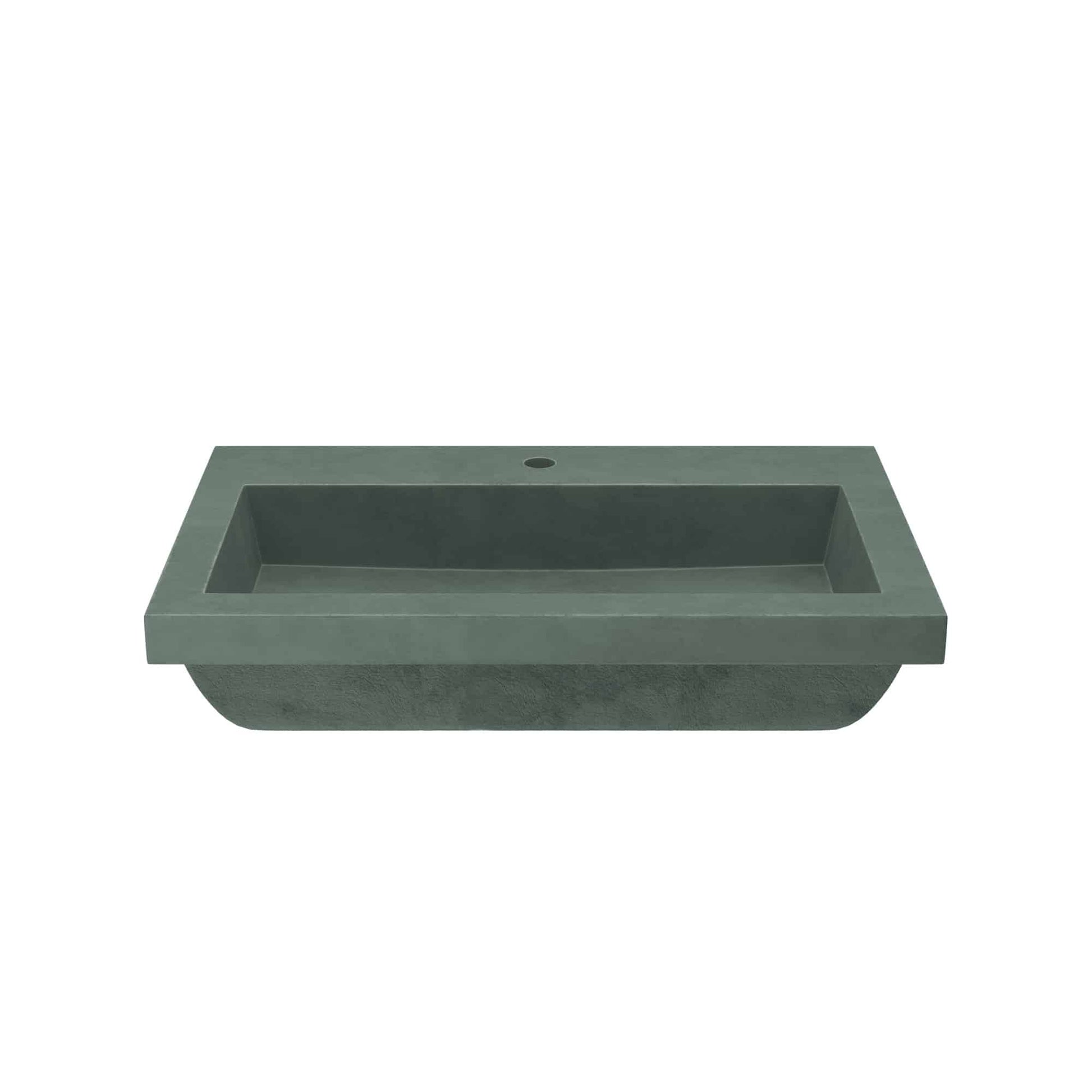 Forest green concrete trough sink with rectangular basin and single faucet hole.