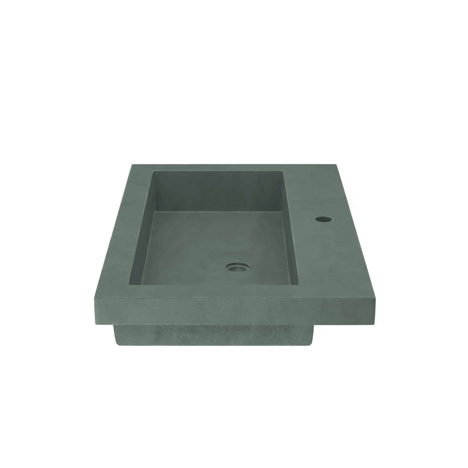 Forest green concrete trough sink with rectangular basin and two drain holes on the surround.