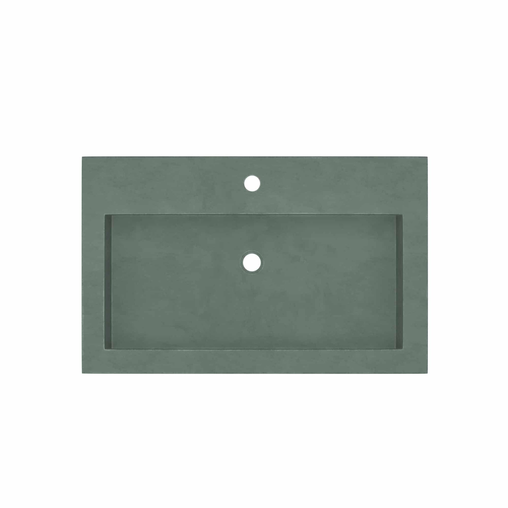 Forest green rectangular trough sink with two white faucet holes, top view.