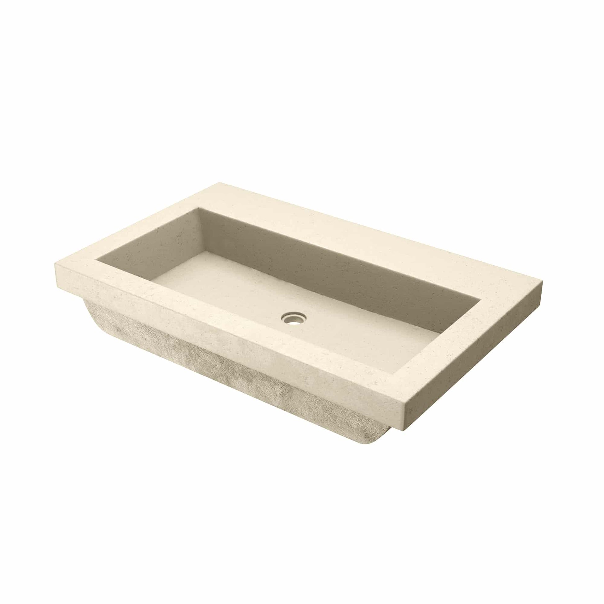 Rectangular sand-colored stone trough sink with a single drain hole and no faucet holes.