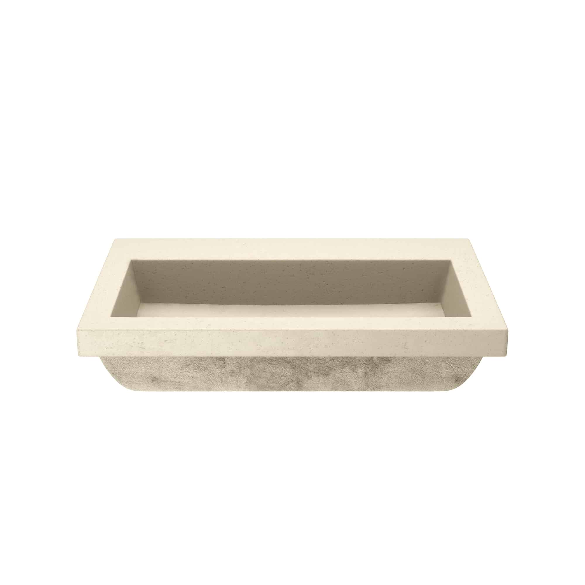 Rectangular concrete trough sink in sand color with smooth interior basin and no faucet holes.