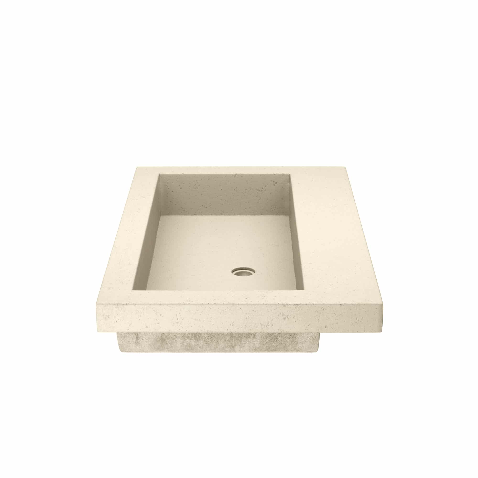 Rectangular sand-colored concrete trough sink with single drain hole and no faucet holes.