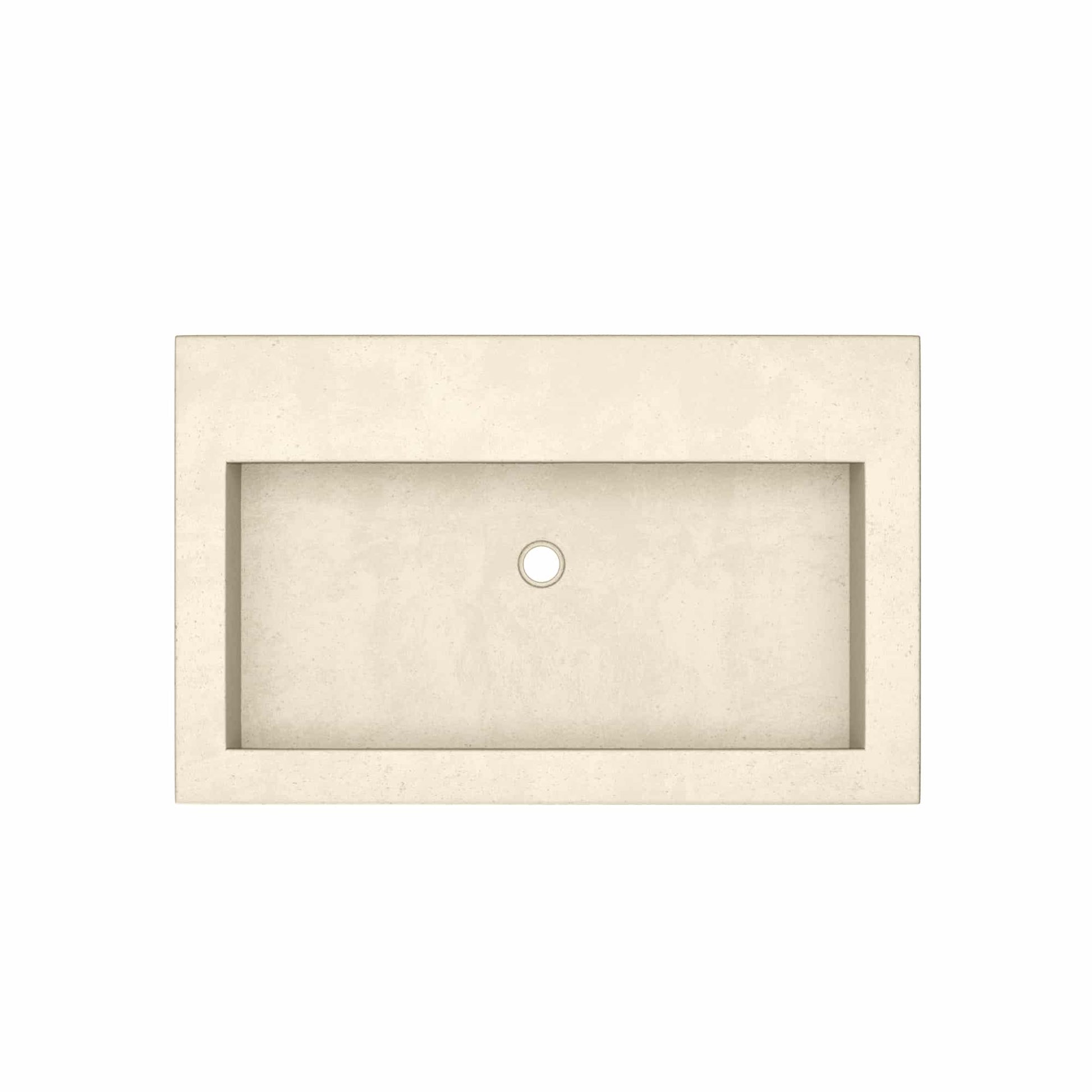 Sand-colored rectangular trough sink with single drain hole, no faucet holes.